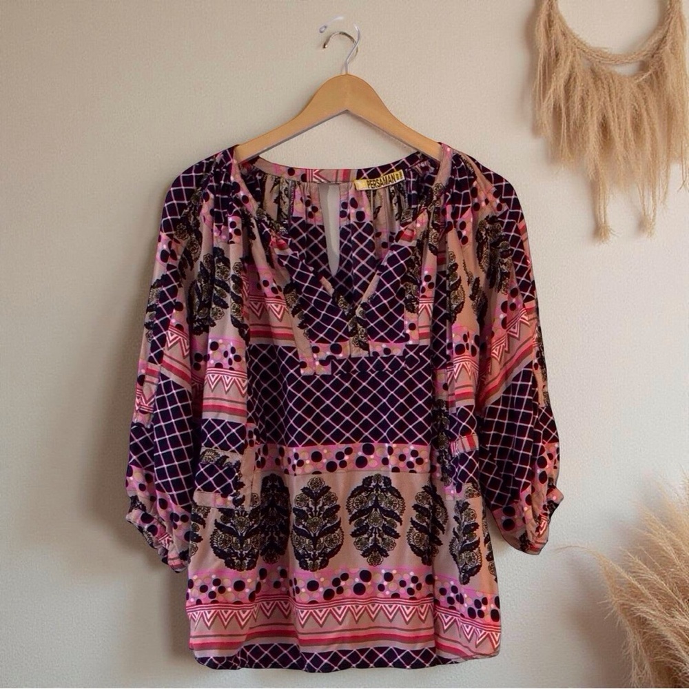 Persaman NY Boho Blouse Size L – Vibrant Artistic Print, EUC
